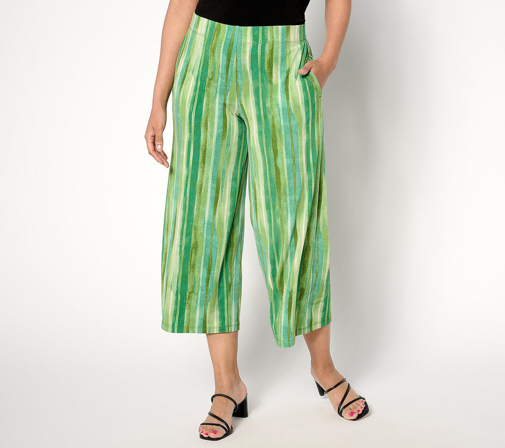 Printed Liquid Knit Wide Leg Crop Pants - Tropical Leaf