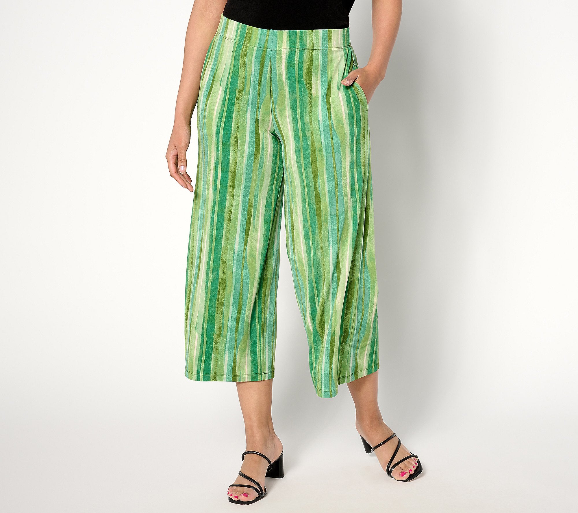 Printed Liquid Knit Wide Leg Crop Pants - Tropical Leaf