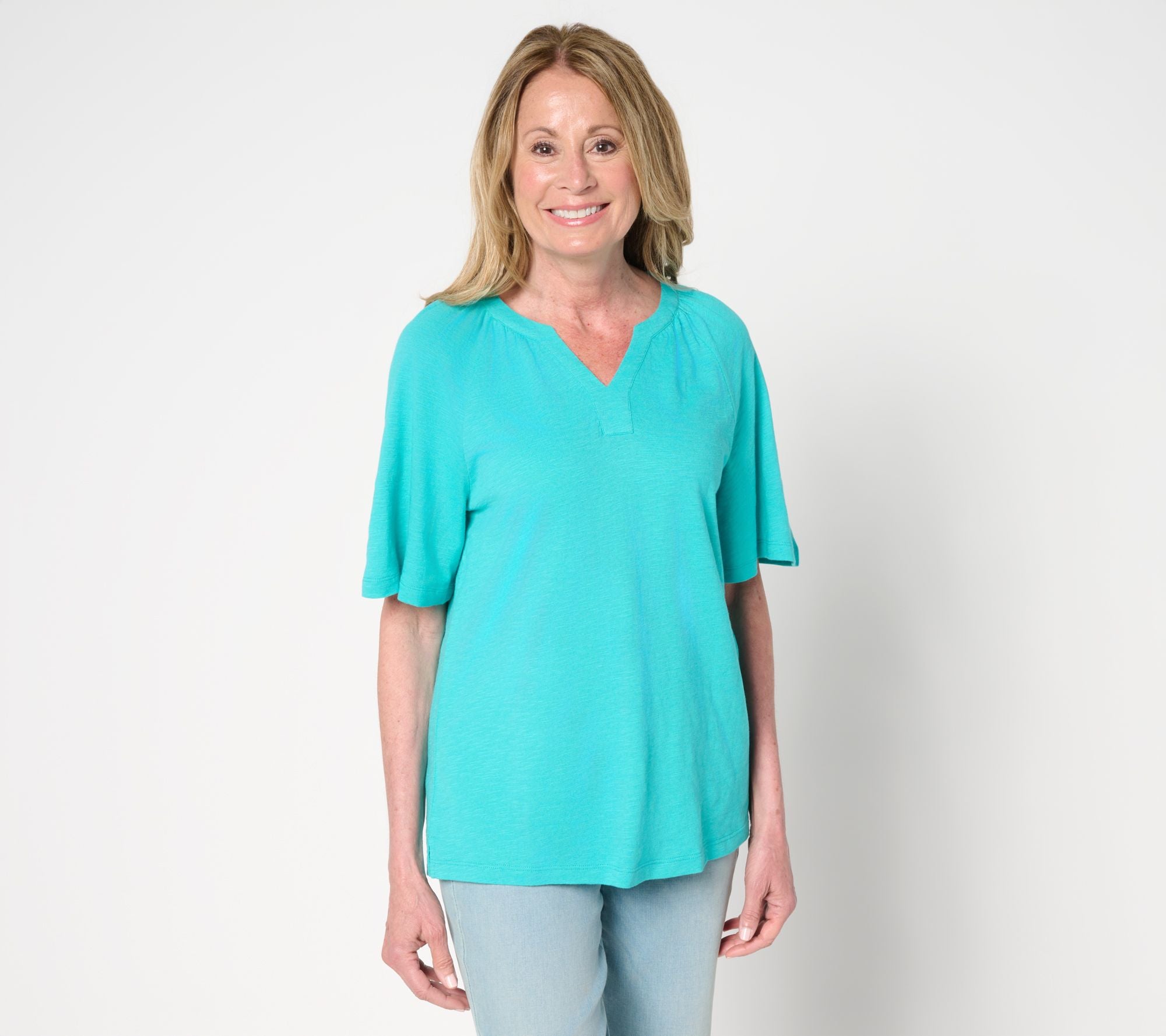 Linen Blend Flutter Short Sleeve Knit Top - Bright Aqua