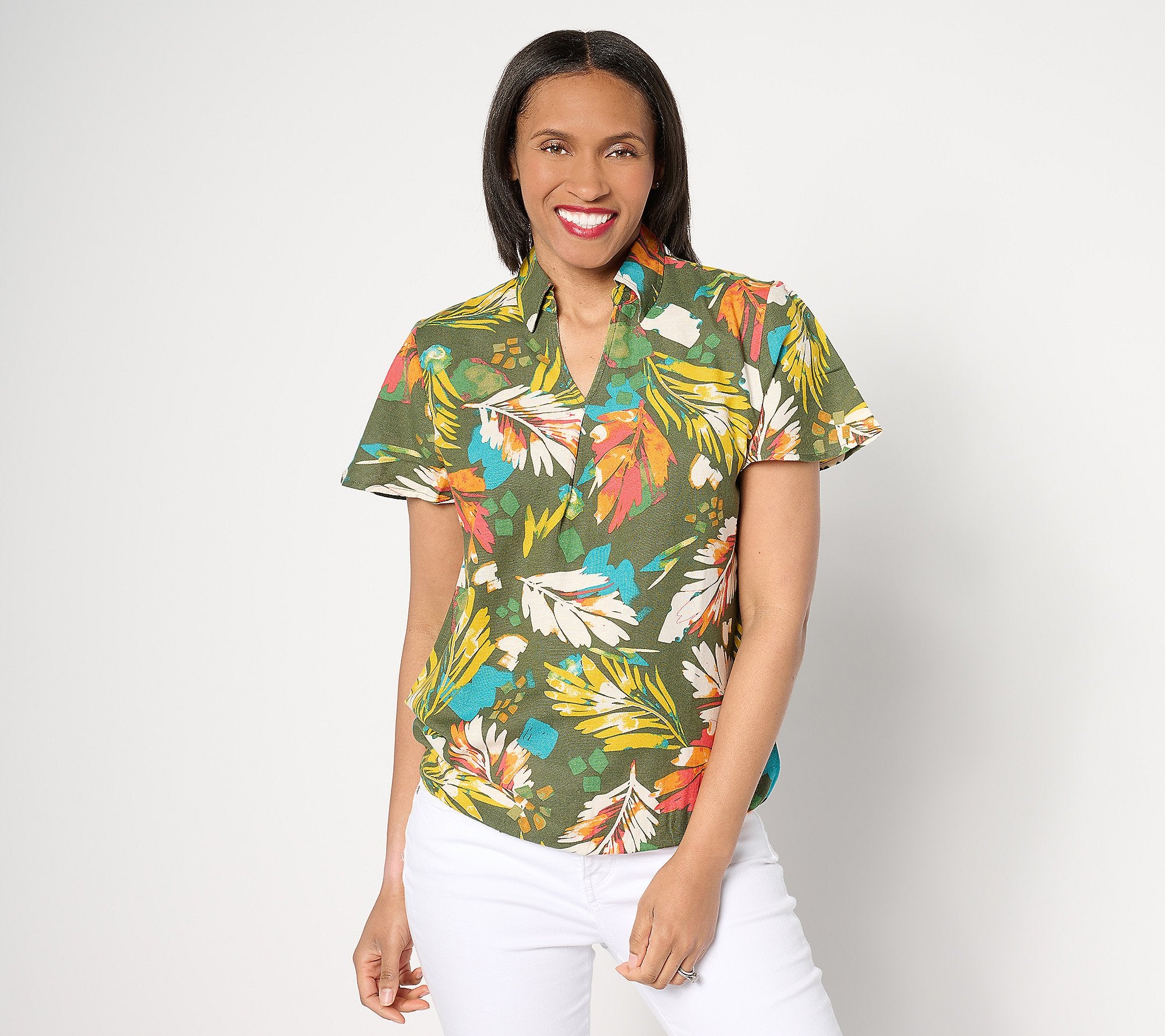 Tropical Palm Printed Dolman Short Sleeve Collared Top