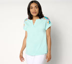 Cotton Slub Jersey Embroidered Dolman Top - Pastel Turq
