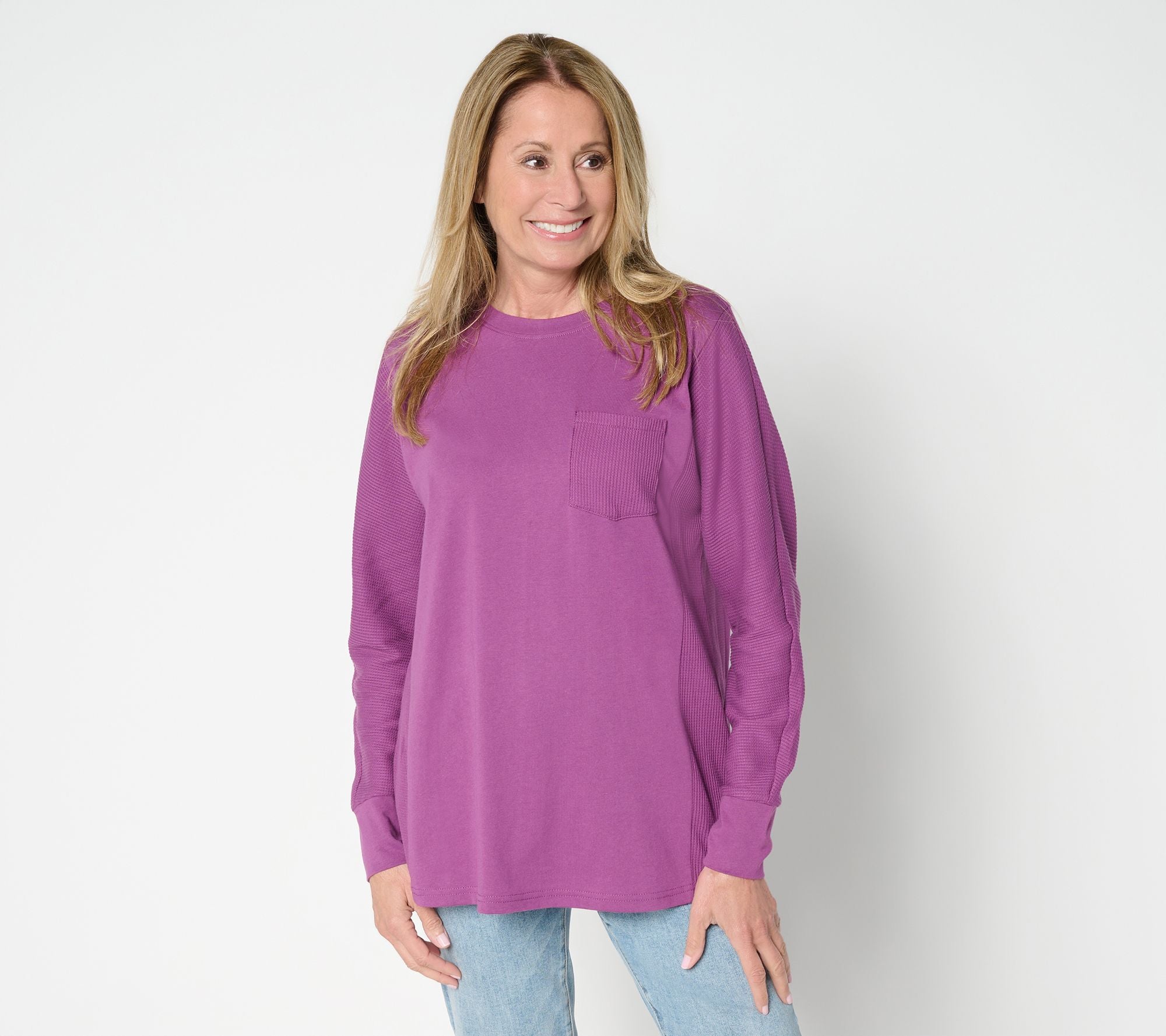 Mixed Media Waffle & Jersey Slouchy Top - Wood Violet