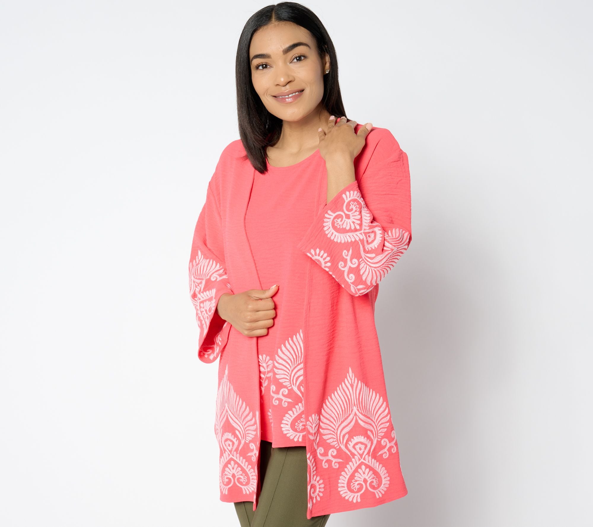 Embroidered Long Sleeve Cardigan - Coral Spice