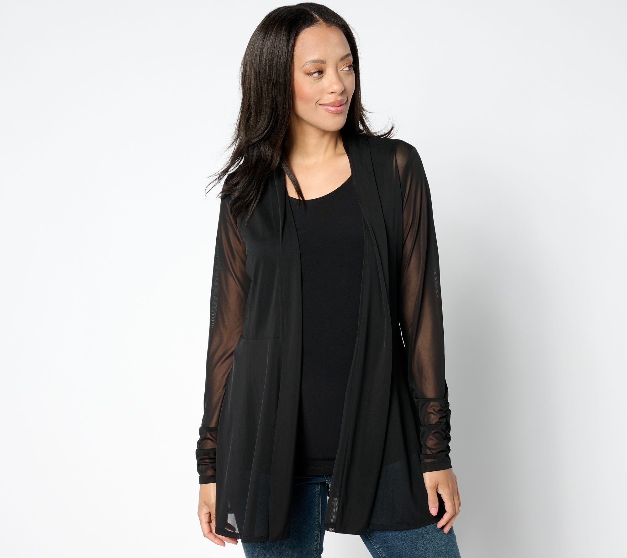 Mesh Cardigan & Liquid Knit Tank Set - Black
