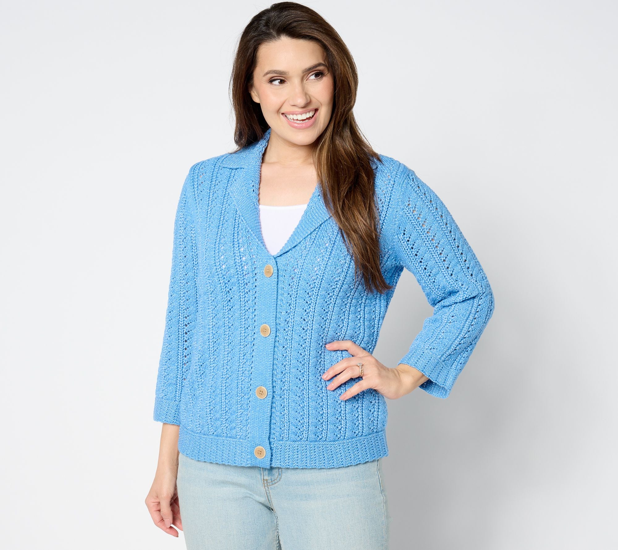 Button Front Notch Collar Cable Knit Cardigan - Celestial Blue