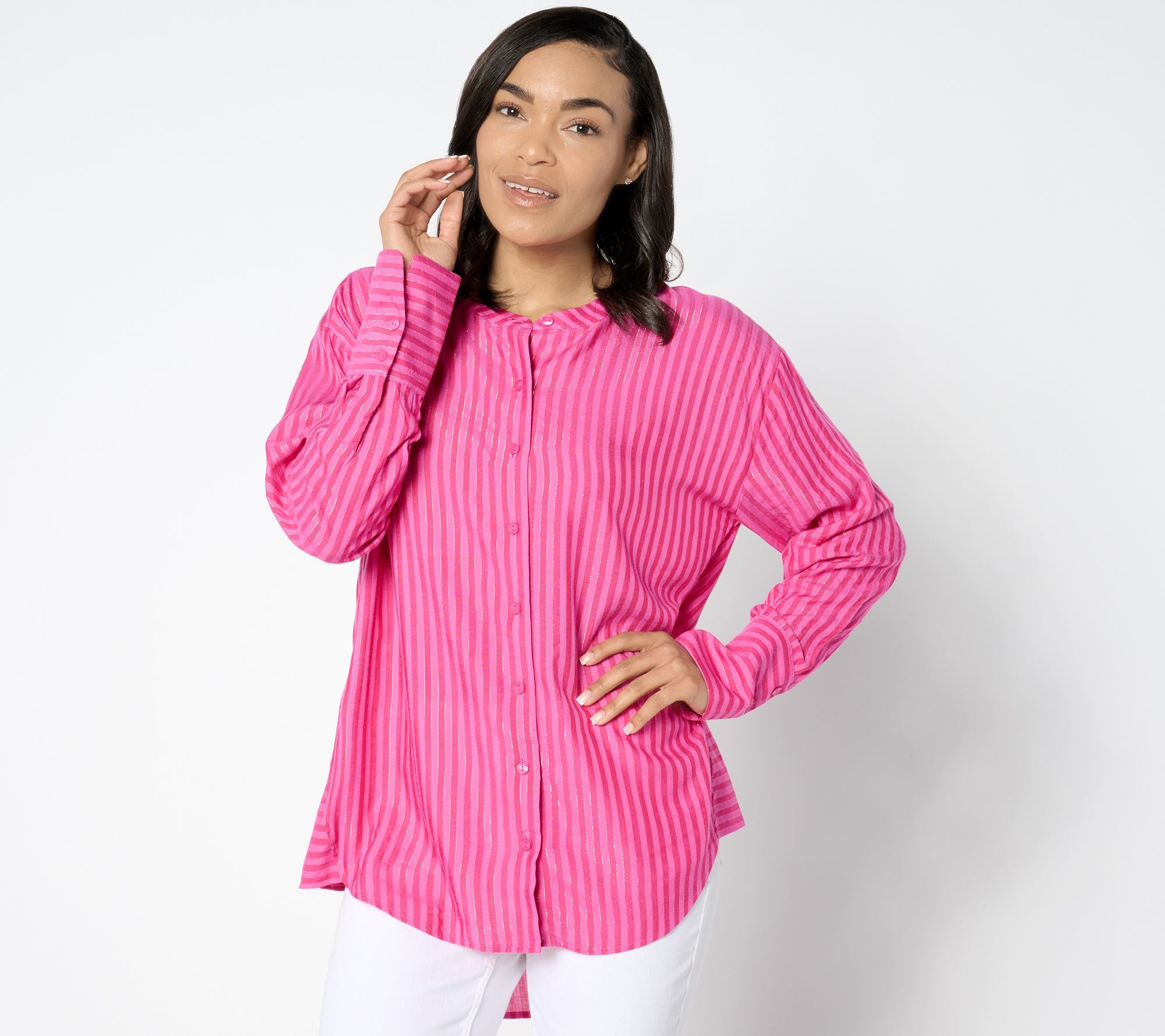 Yarn Dye Stripe Relaxed Tunic w/ Lurex - Berry
