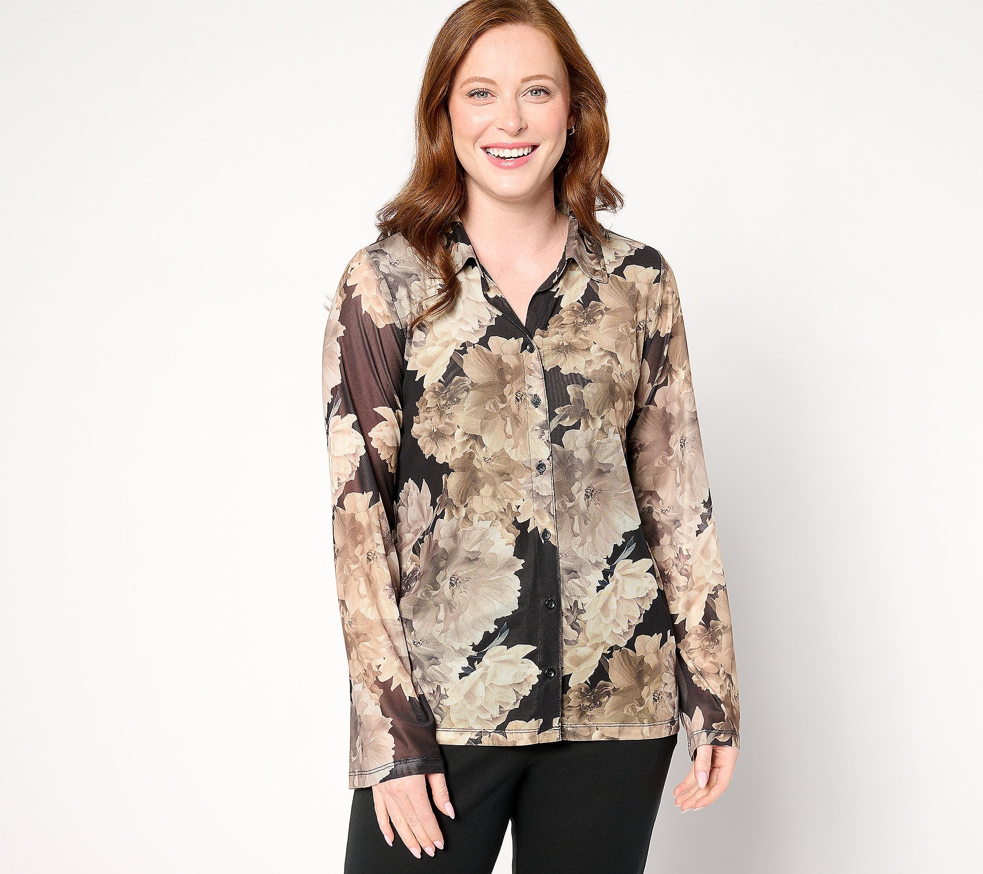 Printed Mesh Long Sleeve Button Front Shirt
