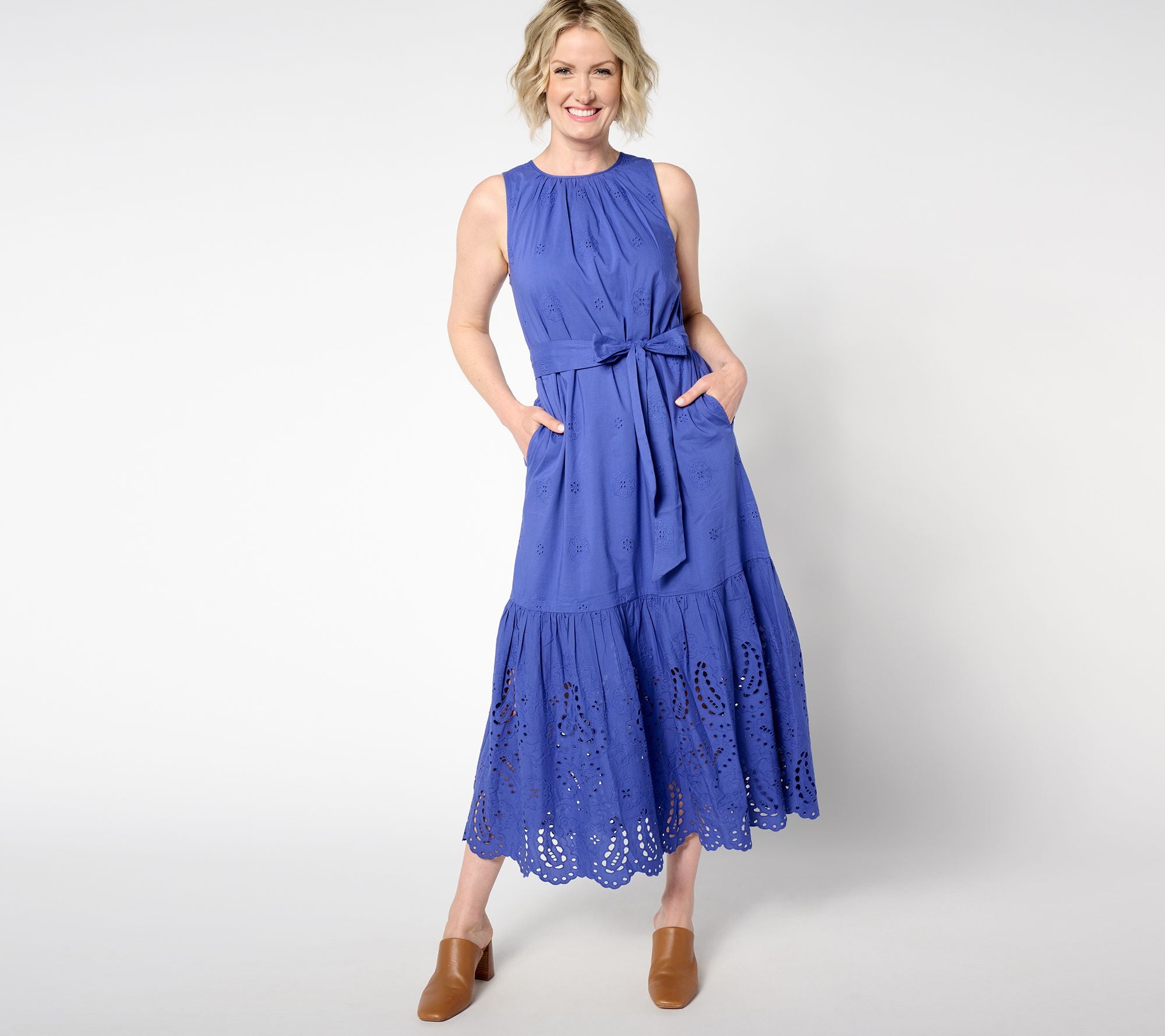 Eyelet Sleeveless Maxi Dress with Self Belt - BrightRoyalBlue