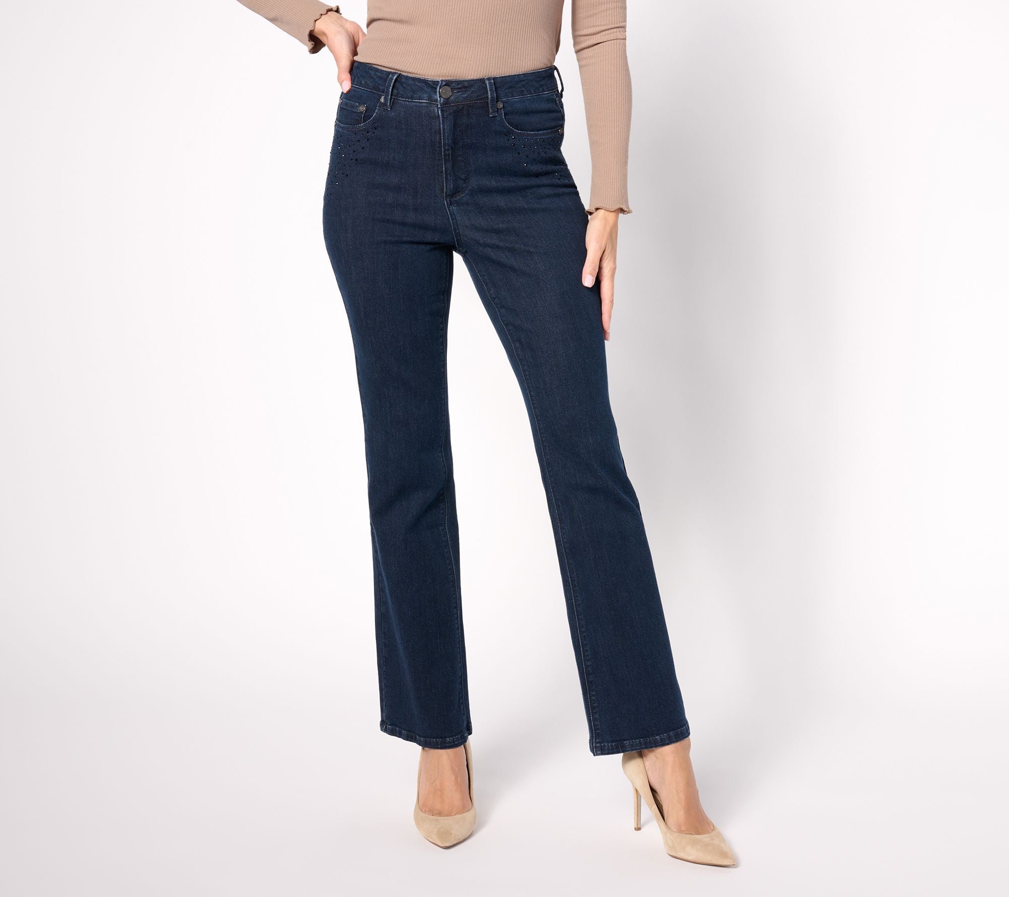 Susan Graver Embellished Pocket Boot Cut Jeans - Dark Wash