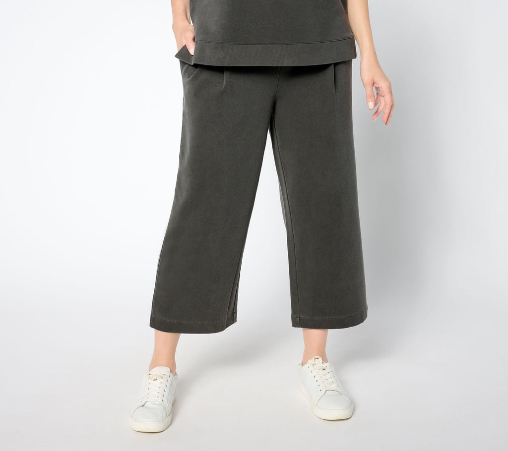 Washed French Terry Cropped Wide Leg Pant - Charcoal