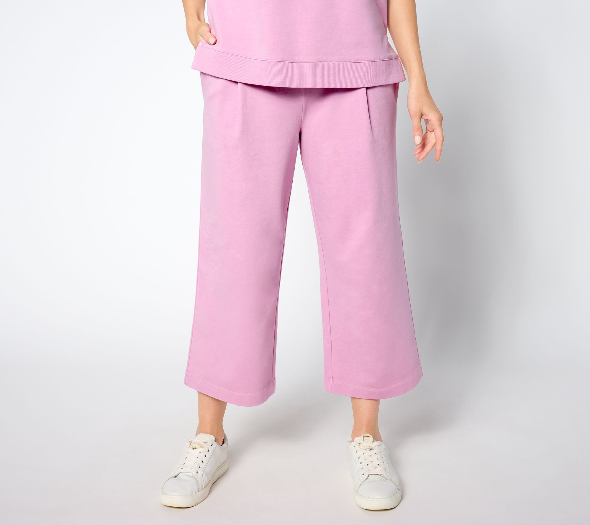Washed French Terry Cropped Wide Leg Pant - Mauve Mist