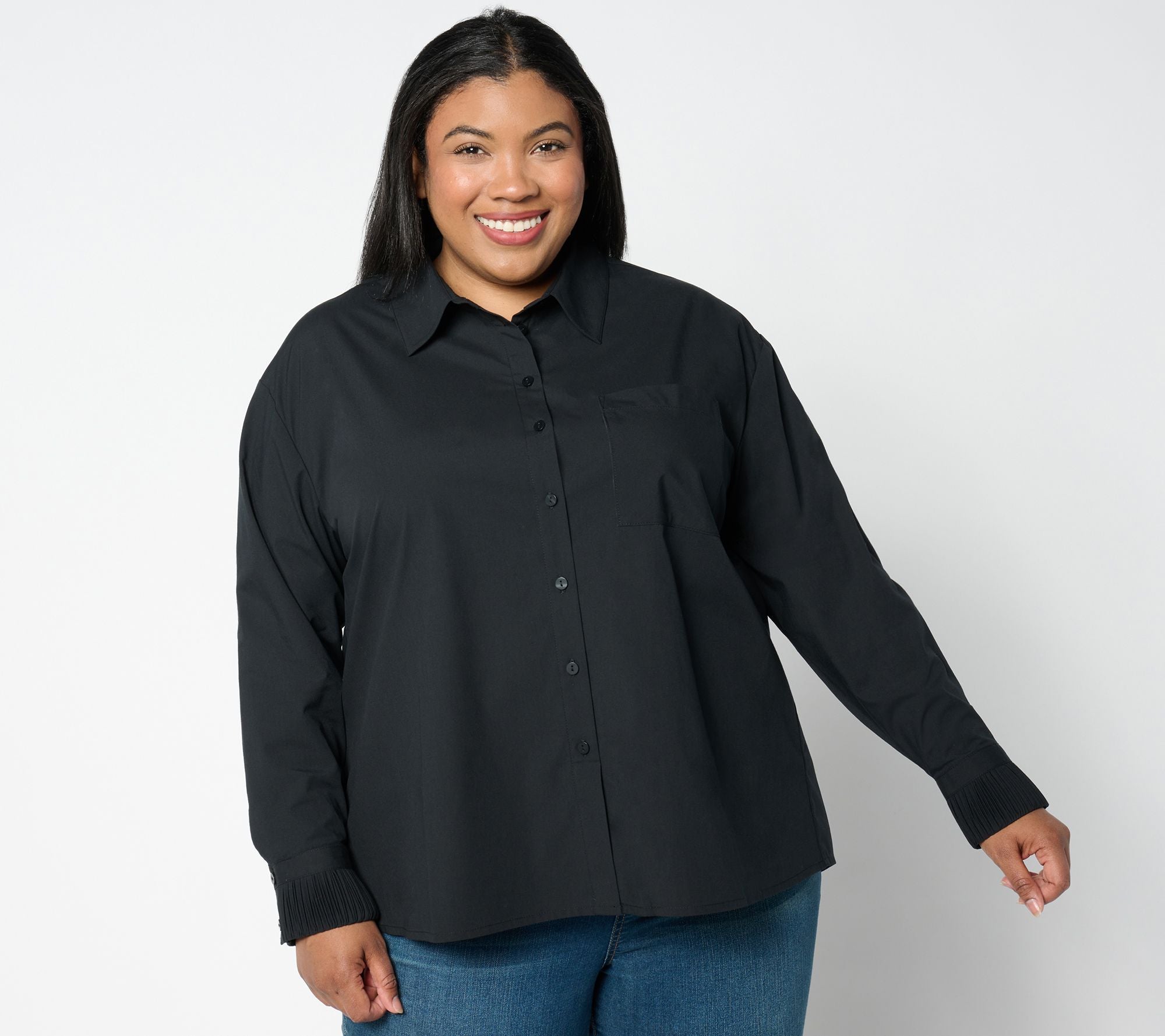 Woven Button Front Shirt w/ Pleated Cuffs - Black