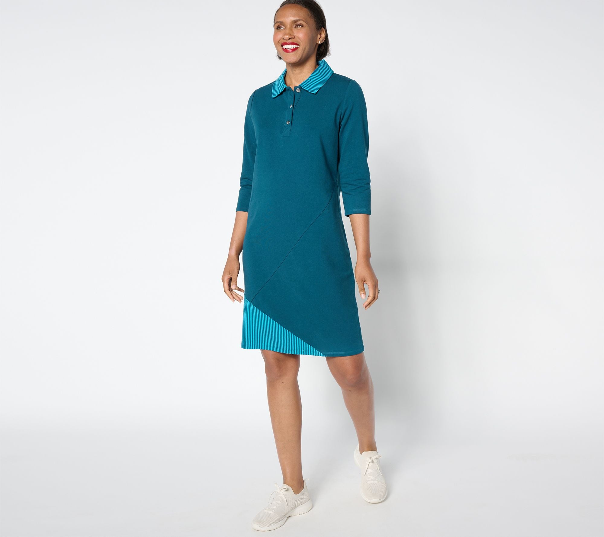 Sport Savvy Pieced Stripe French Terry Collared Dress - Peacock