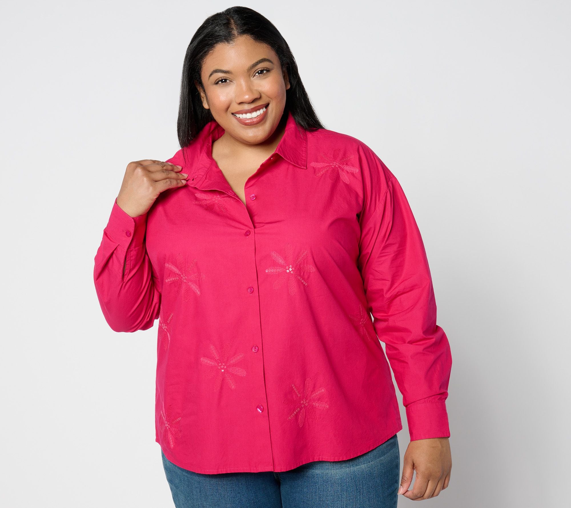 Sequin Embellished Cotton Poplin Shirt - Bright Ruby