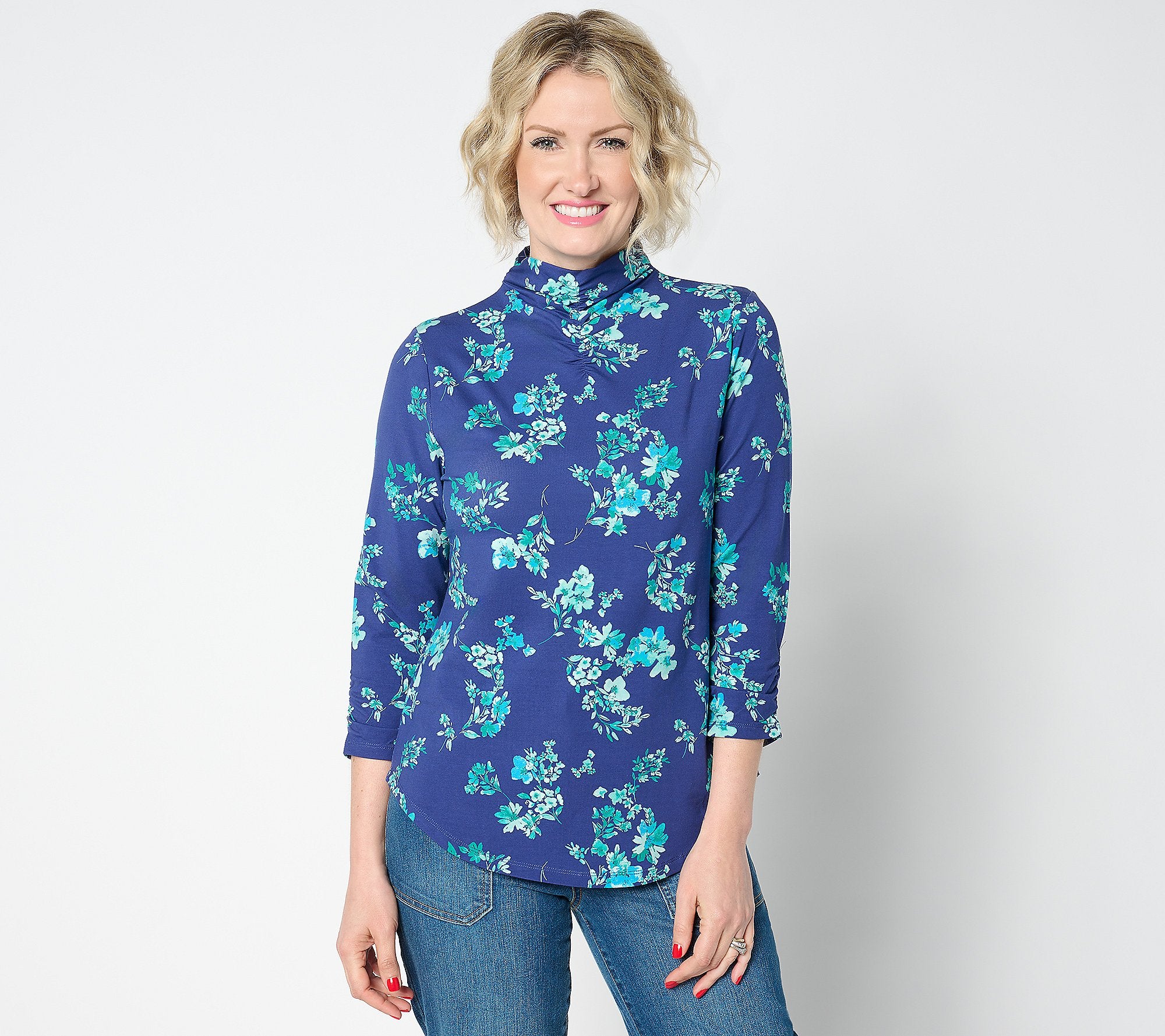 Printed 3/4 Sleeve Mock Neck Top w/ Shirring