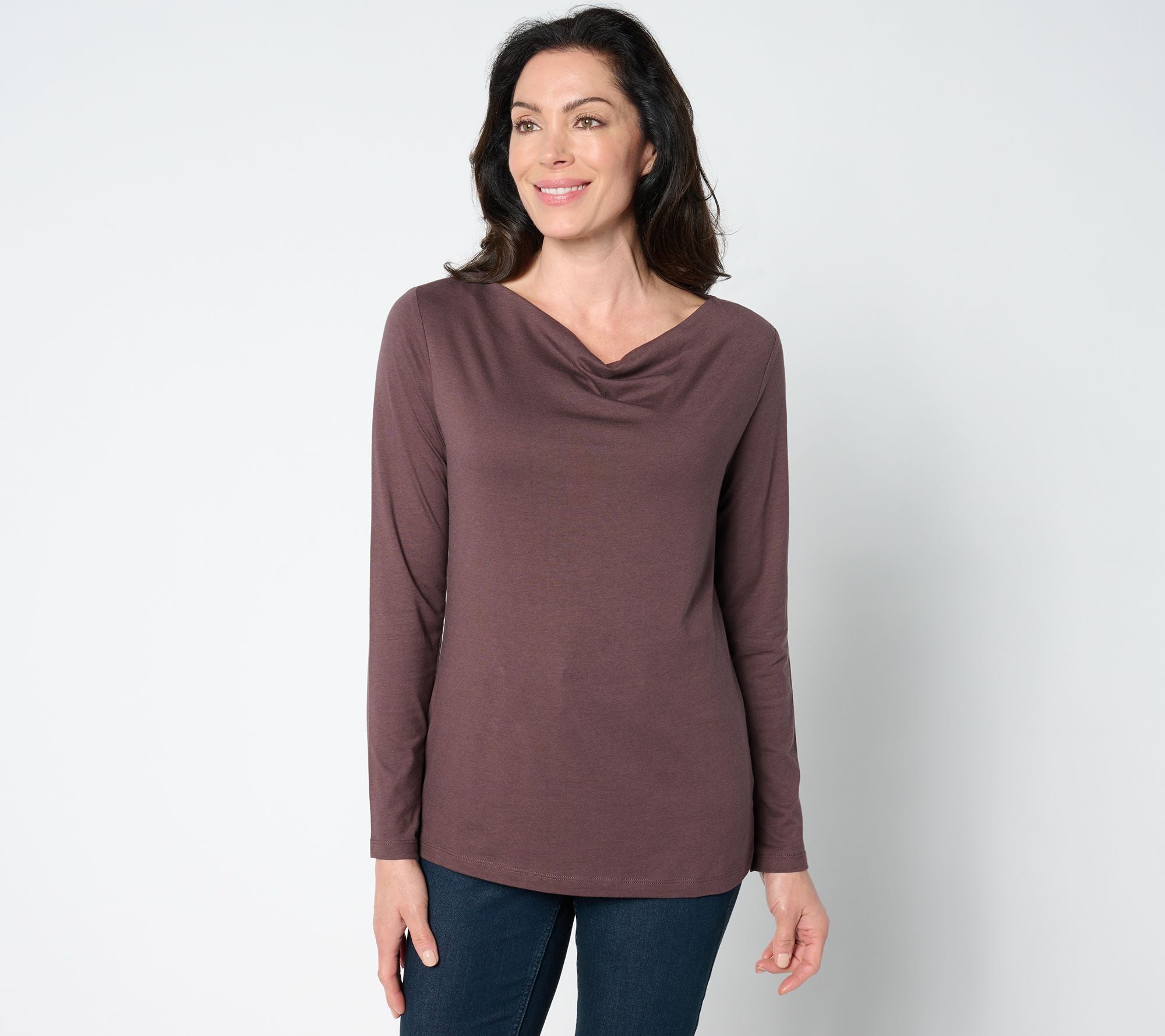 Essentials Luxe Jersey Long Sleeve Drape Neck Top - Slate Brown