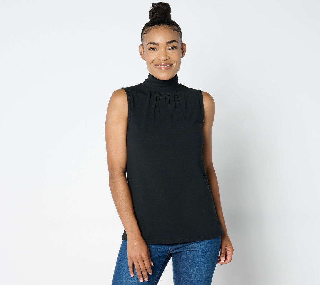 Essentials Mock Neck Sleeveless Top w/ Shirring - Black