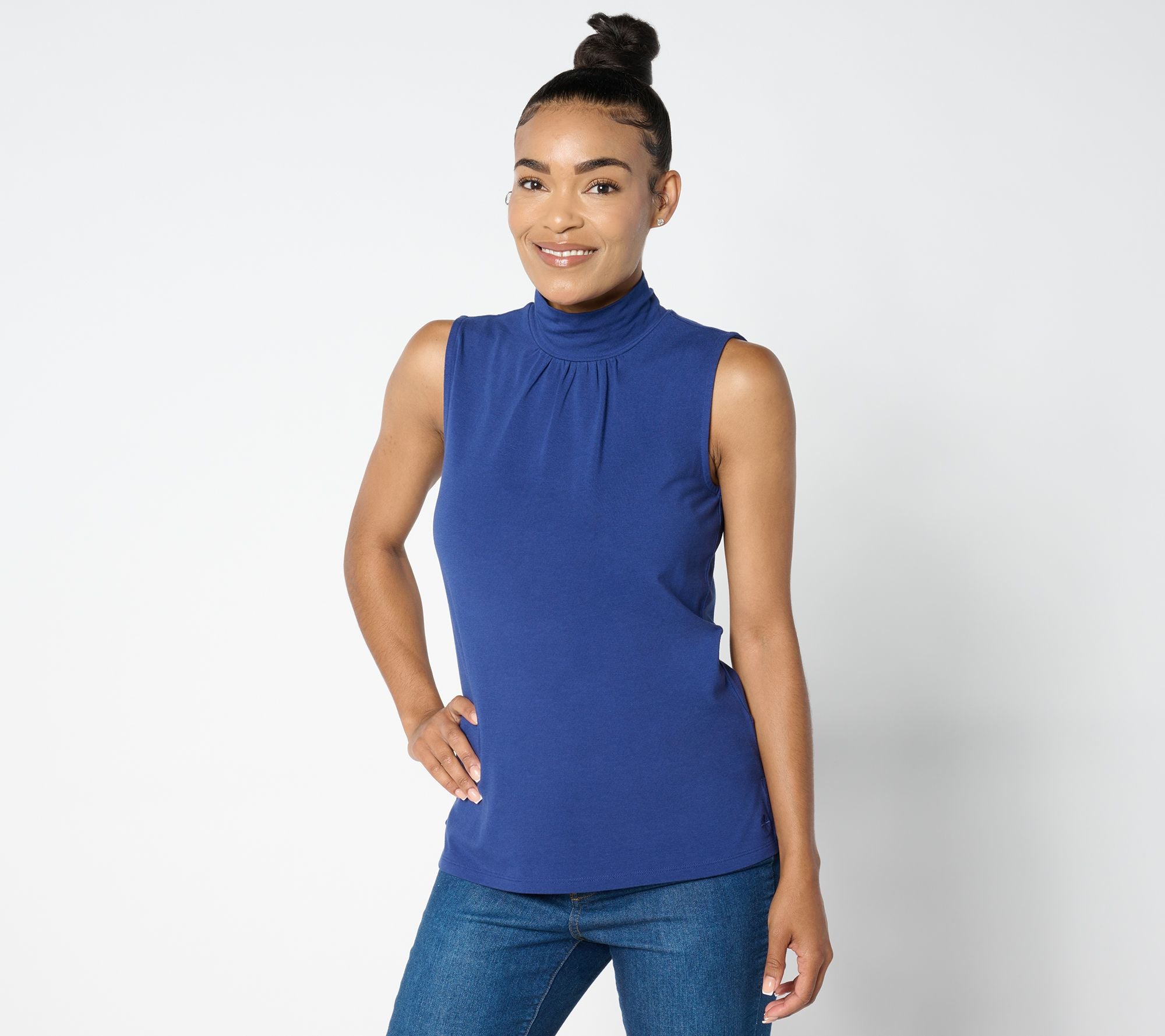 Essentials Mock Neck Sleeveless Top w/ Shirring - Royal Navy
