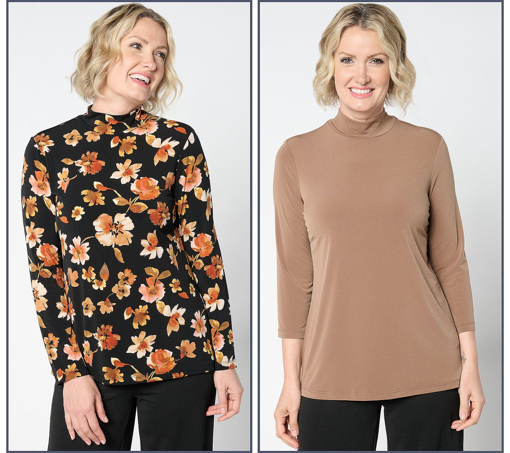 Set of 2 Print & Solid Liquid Knit Mock Neck Tops
