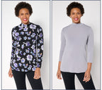 Set of 2 Print & Solid Liquid Knit Mock Neck Tops