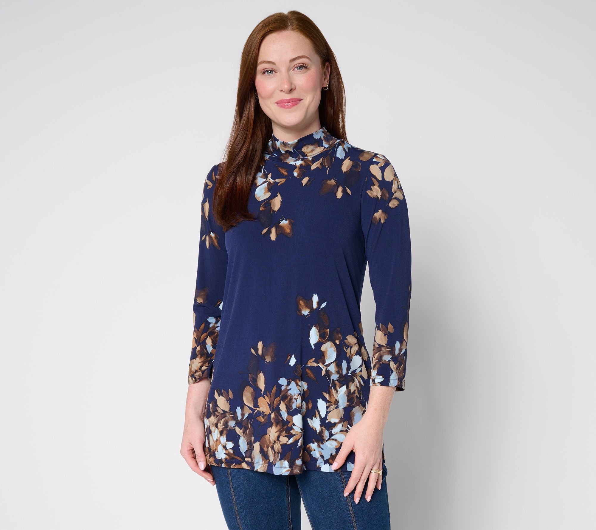 Printed Liquid Knit 3/4 Sleeve Mock-Neck Tunic - Navy/Caramel