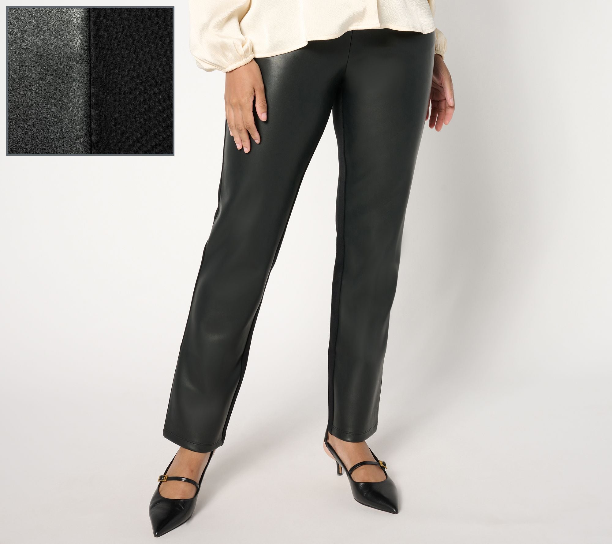 Faux Leather Front, Ponte Back Pant - Black