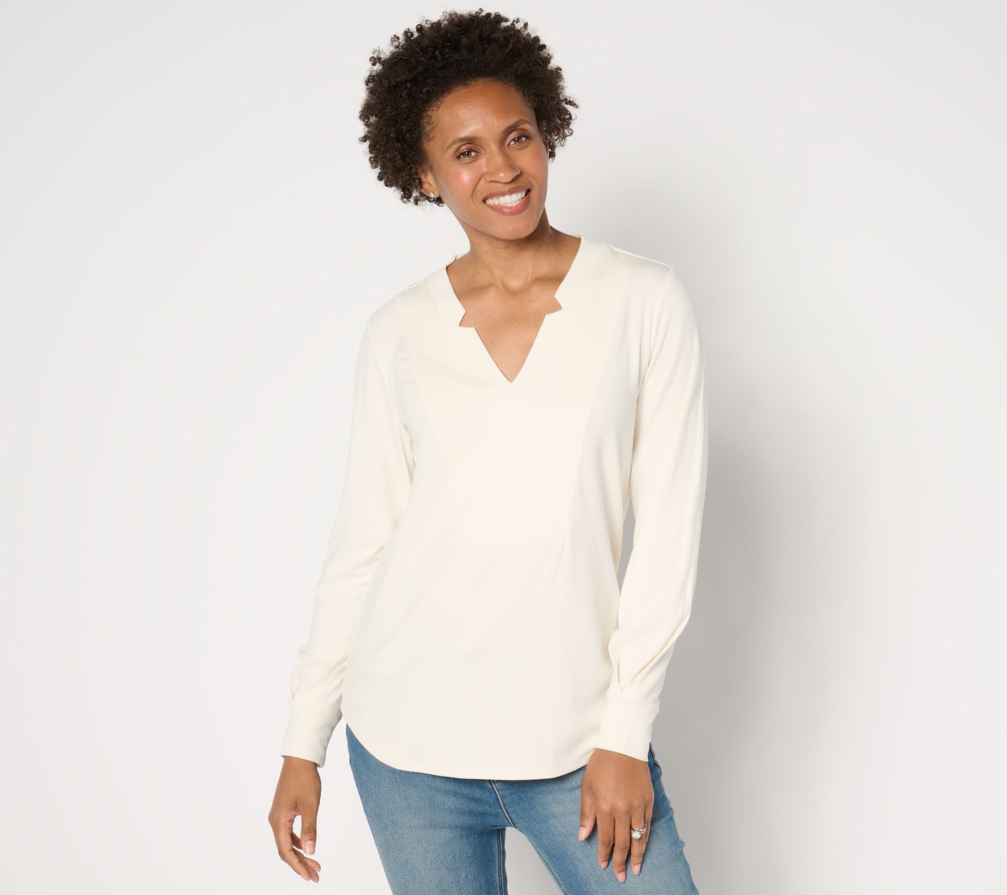 Refined Knit Notched V-Neck Long Sleeve Top - Pearl White