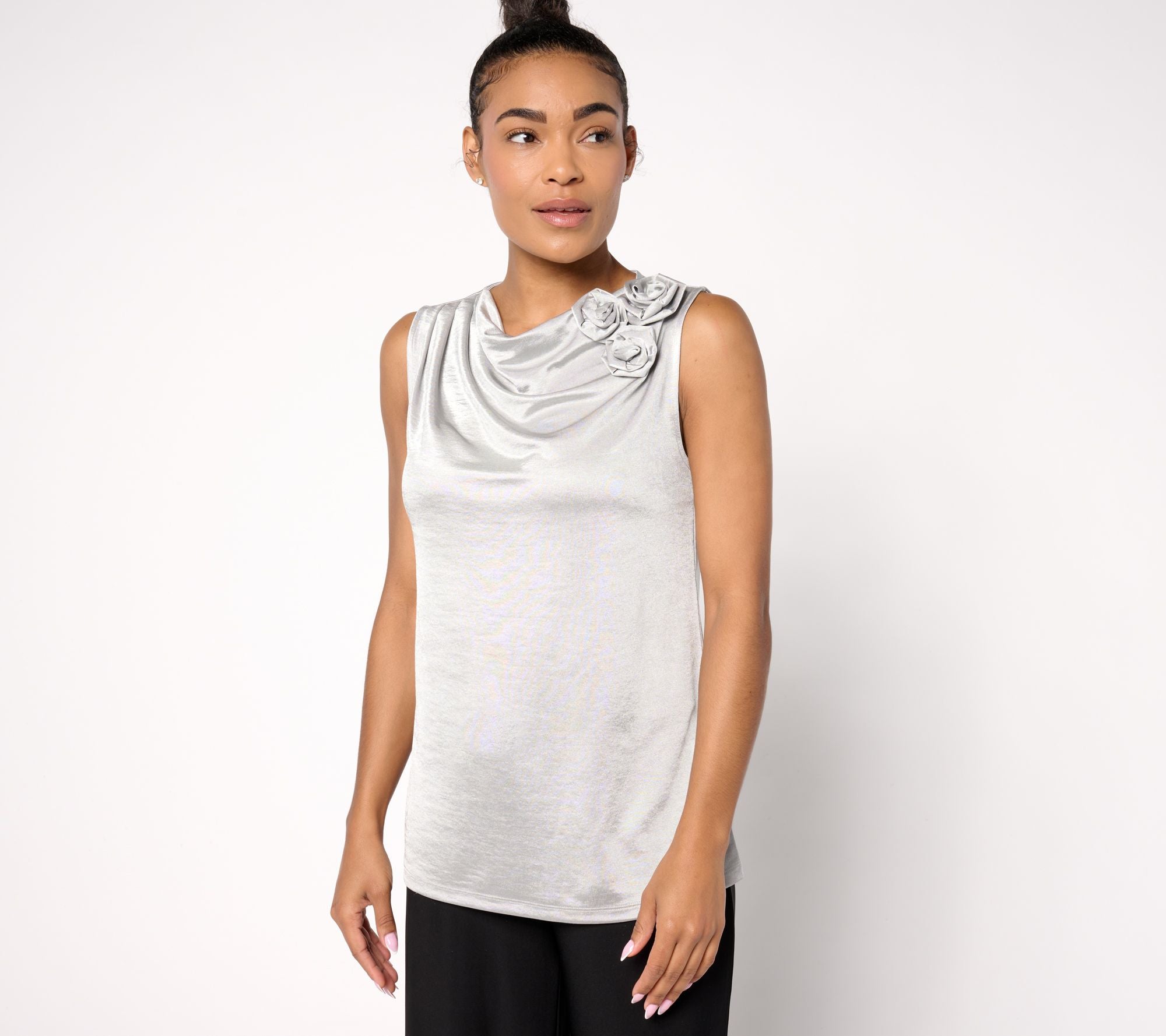 Knit Satin Cowl Neck Top with Rosettes - Silver