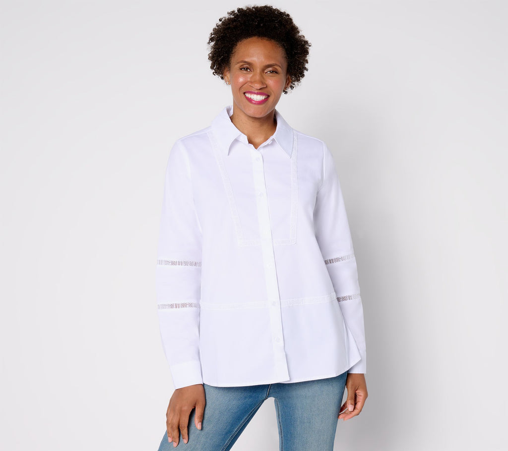 Woven Button-Front Top with Lace Trim - White