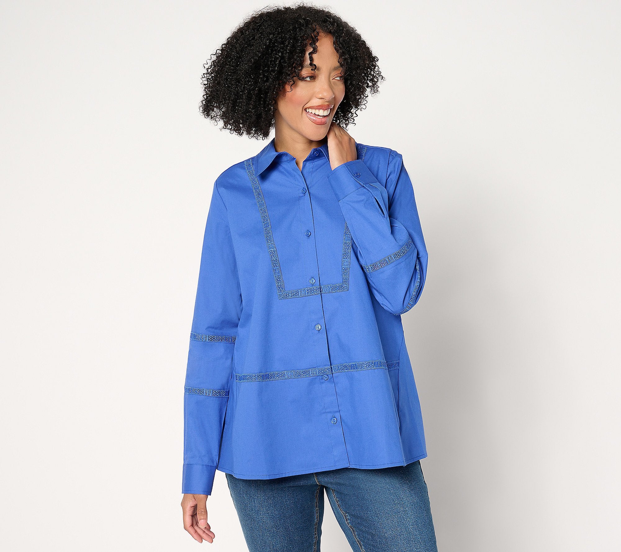 Woven Button-Front Top with Lace Trim