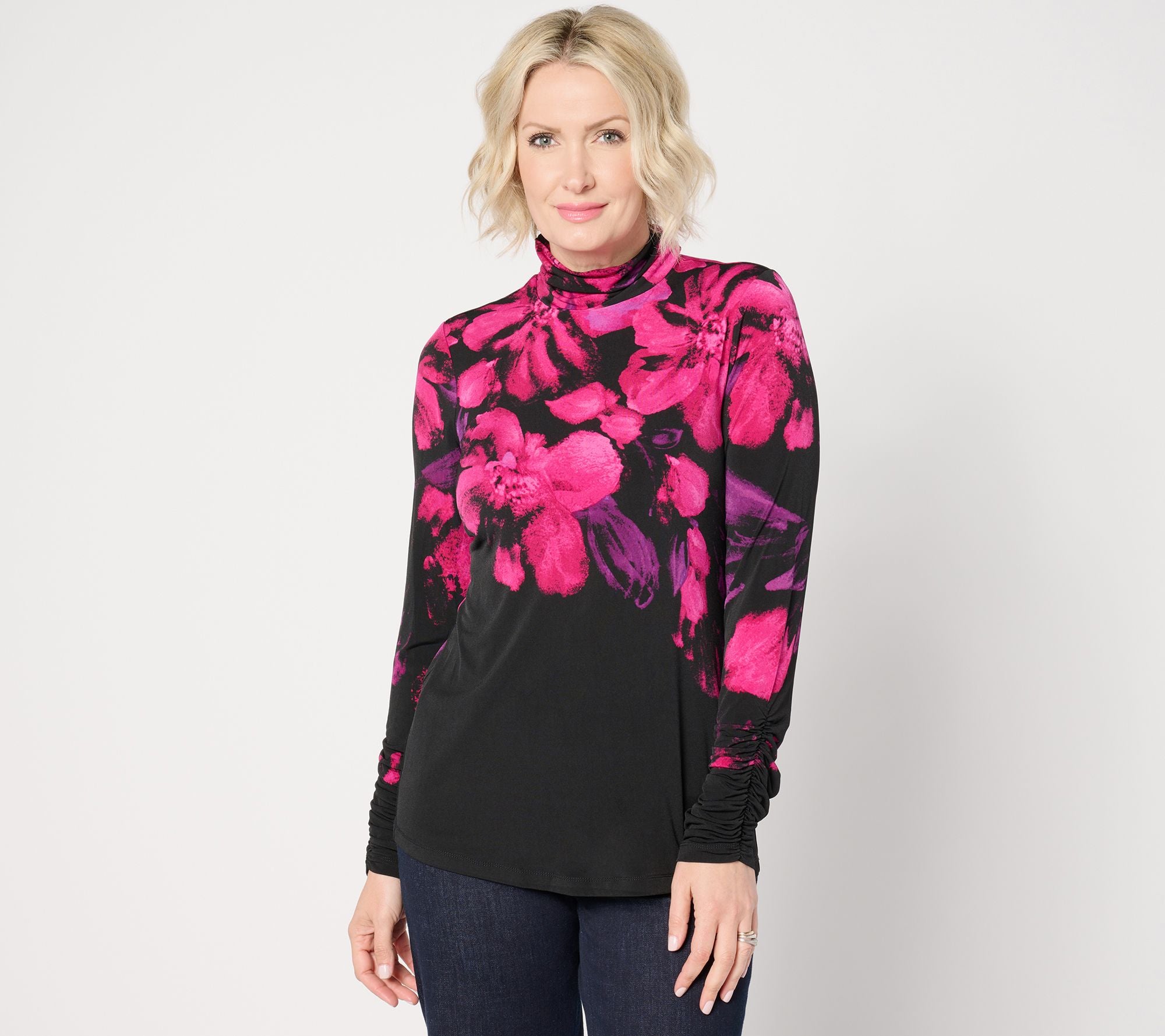 Printed Liquid Knit Mock Neck Long Sleeve Top - Magenta Burst