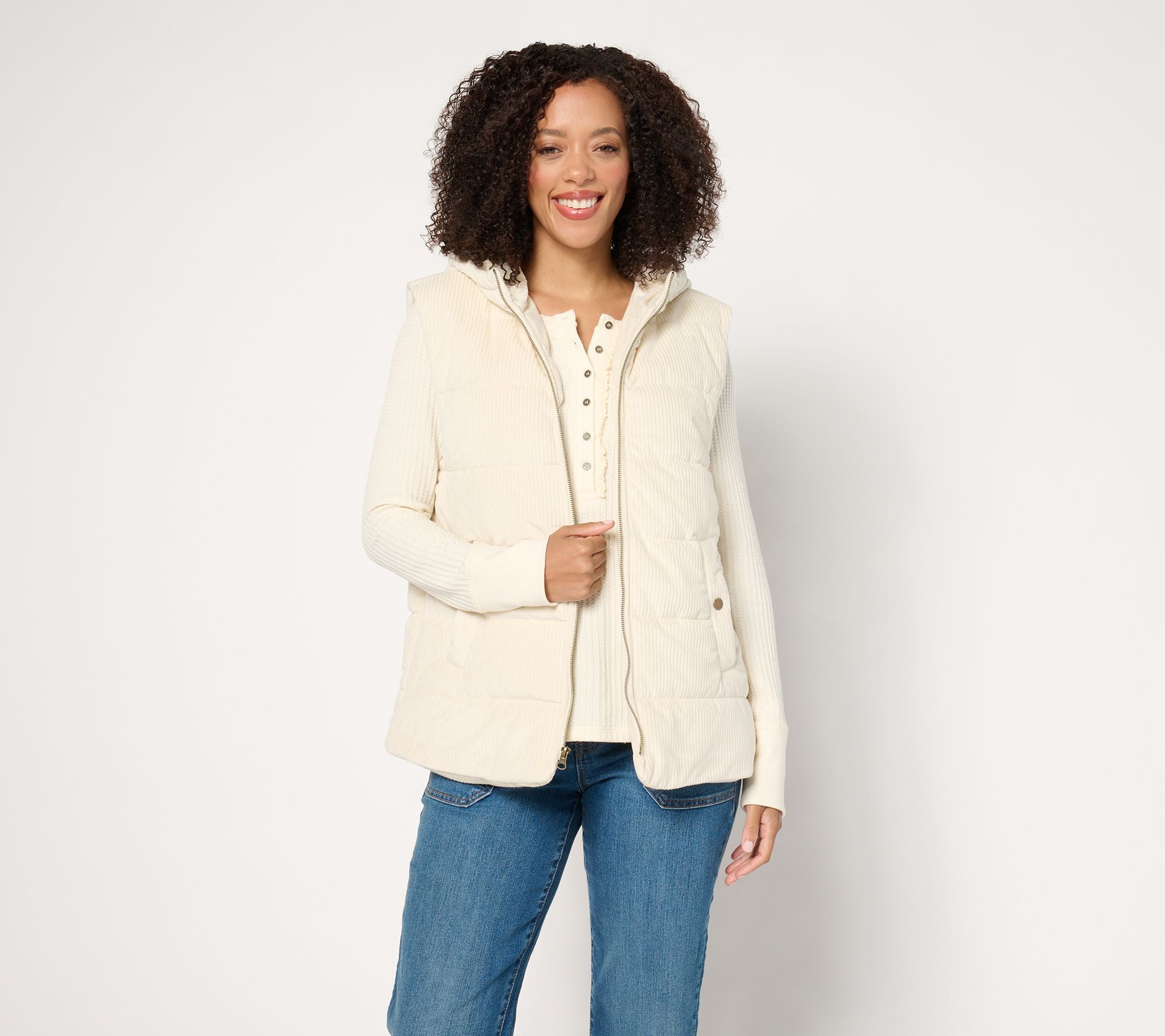 Weekend Lightly Quilted Knit Corduroy Hooded Vest - Ivory