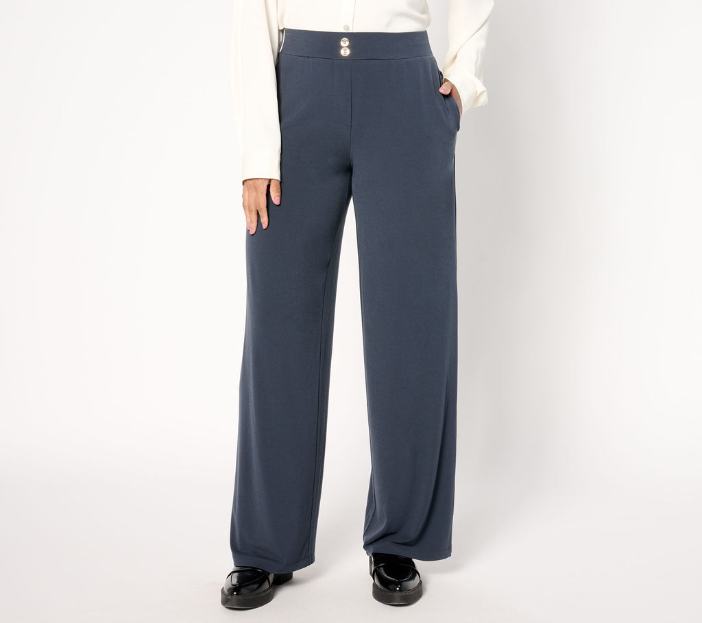 Liquid Knit Wide-Leg Pants w/ Button Detail - Mine Grey