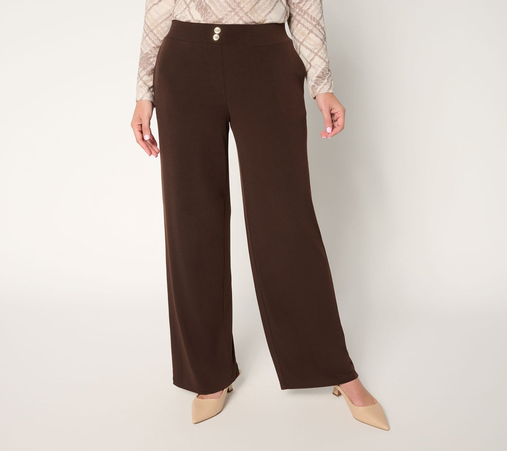 Liquid Knit Wide-Leg Pants w/ Button Detail - Chocolate