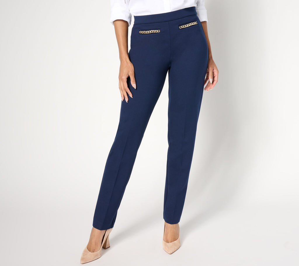 Smart Ponte Slim-Leg Pull-On Pants w/ Chain Detail - Navy