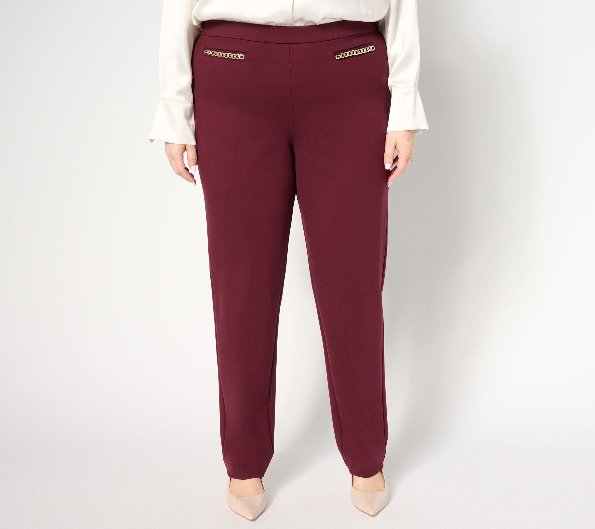 Smart Ponte Slim-Leg Pull-On Pants w/ Chain Detail - Deep Raisin