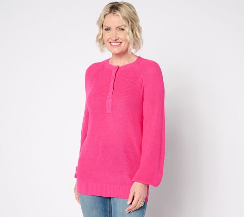 Ribbed Henley Blouson Sleeve Sweater