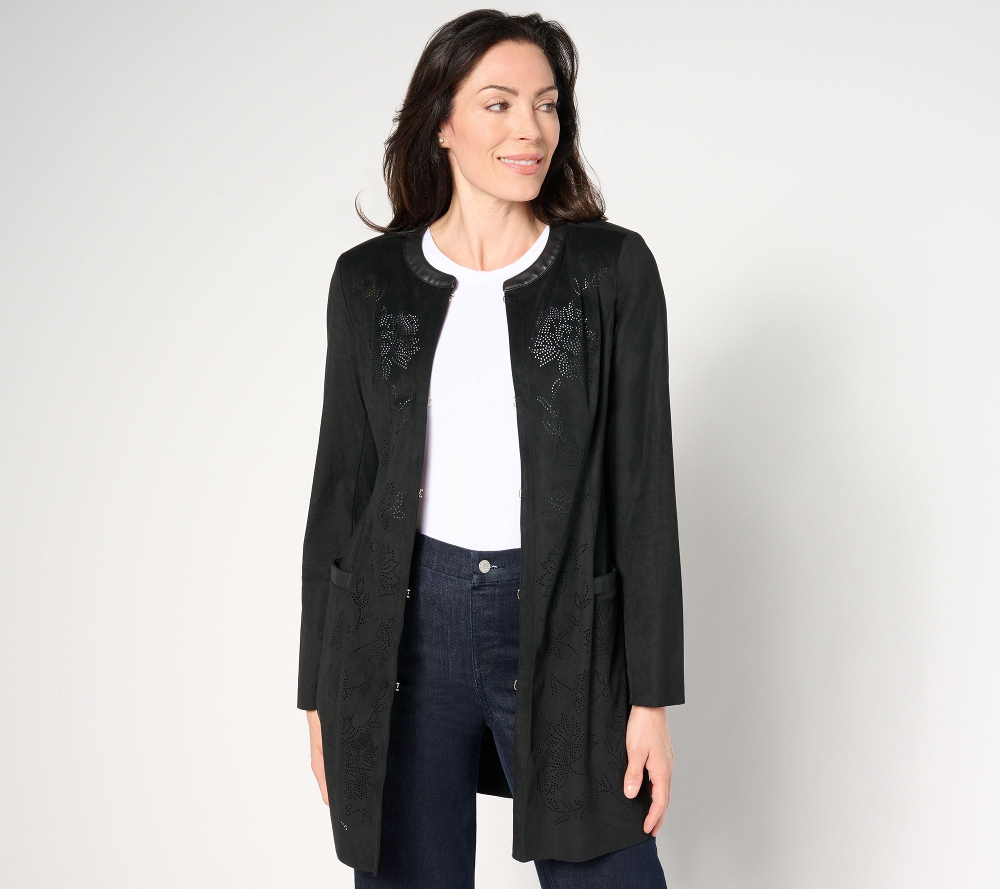 Perforated Faux Suede Open Front Topper - Pitch Black