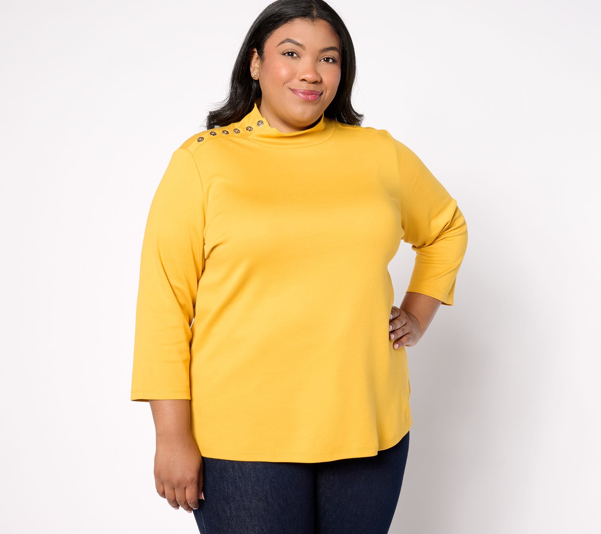 Estate Mock Neck 3/4 Sleeve Cotton Top - Goldfinch