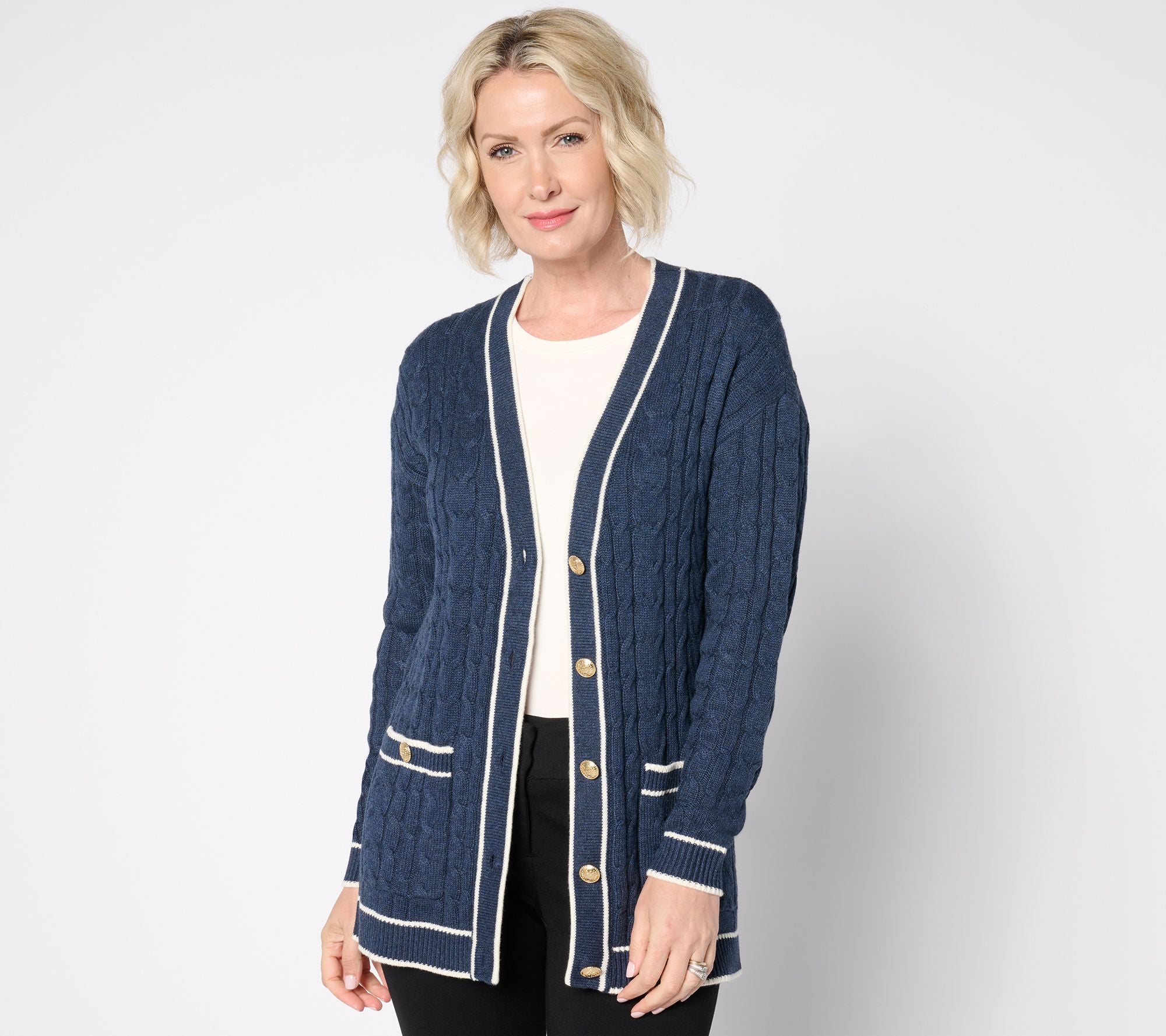 Iconic Cable Button Front Cardigan - Indigo Heather