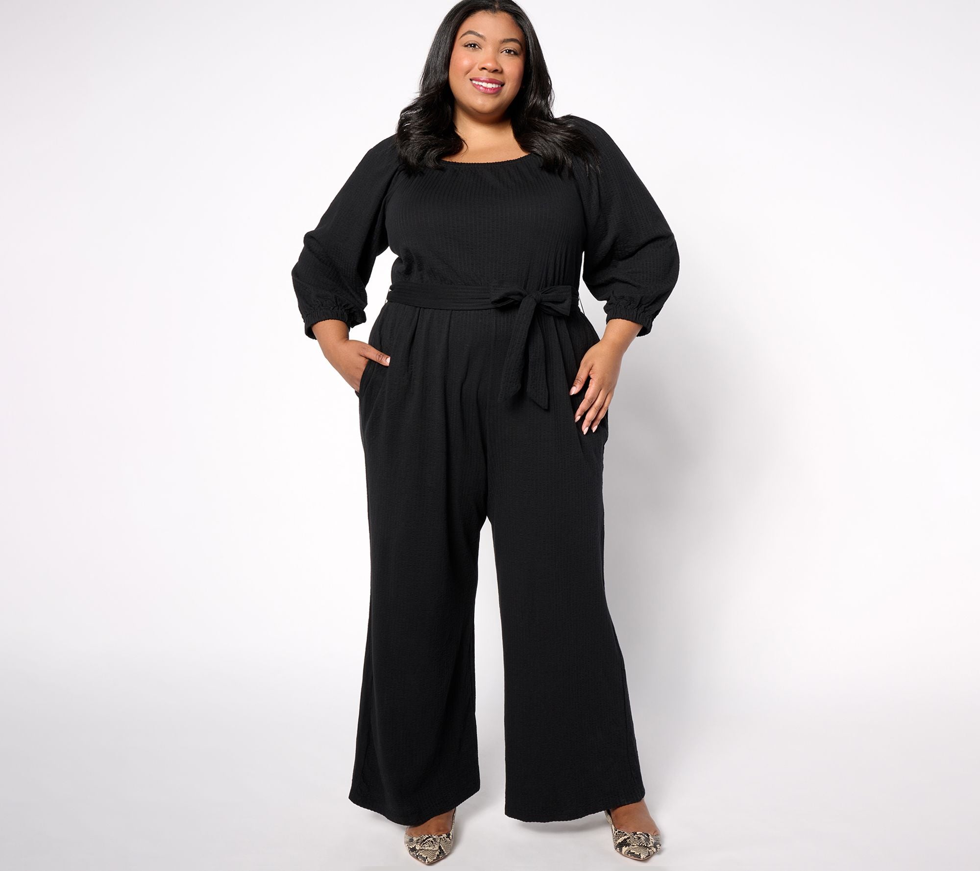 DayDreamer Knit 3/4 Sleeve Tie Waist Jumpsuit - Black
