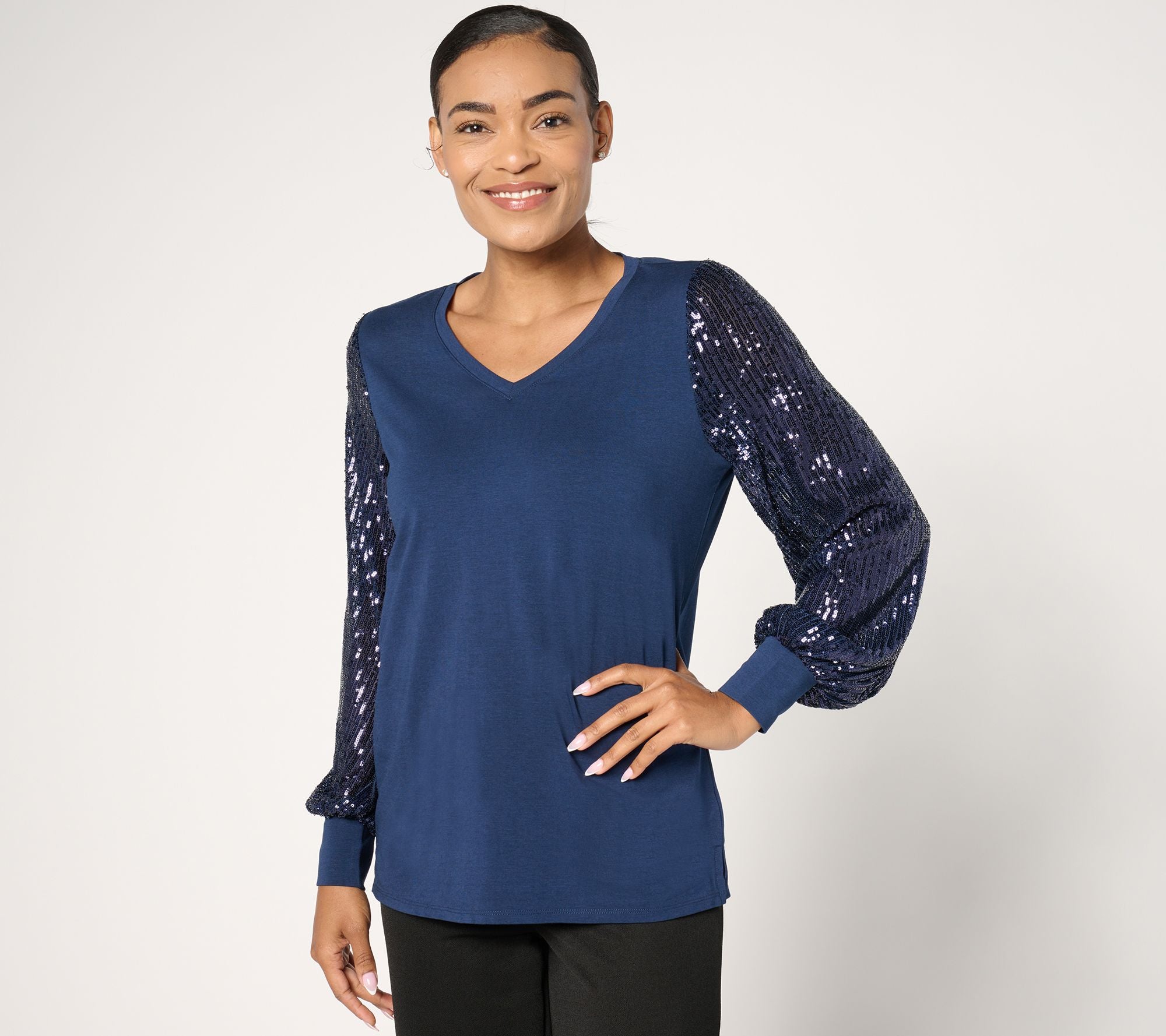 Jingle Belles by Kim Gravel TripleLuxe Knit Sequin Top - Pageant Blue