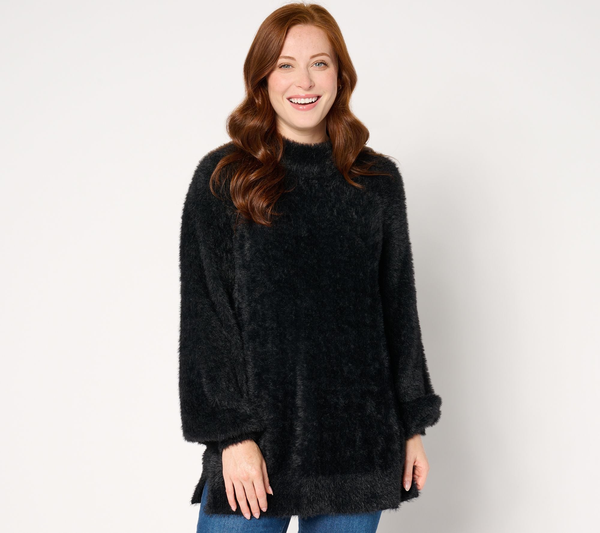 Eyelash Mock Neck Blouson Sleeve Sweater - Black