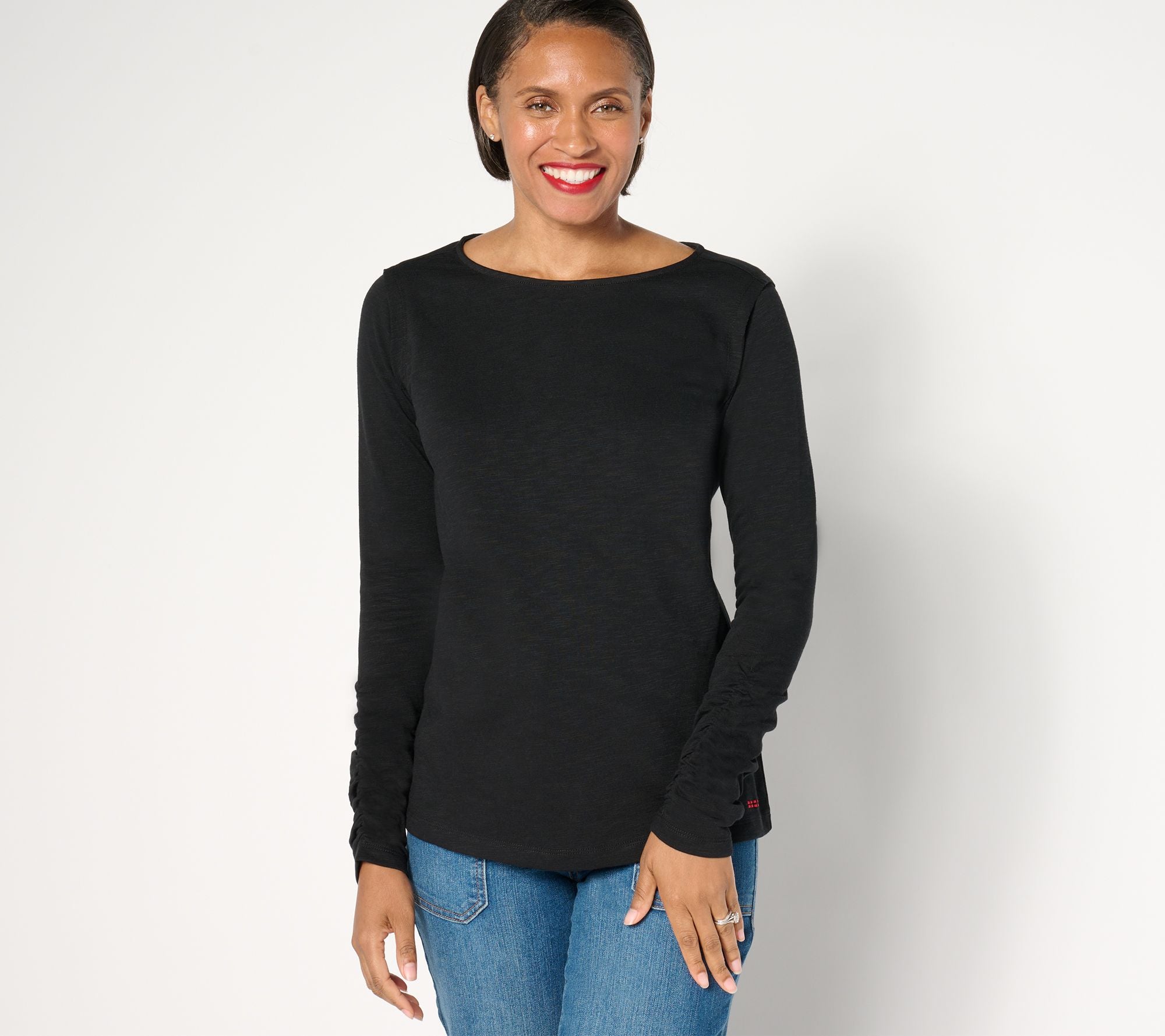 Boatneck Long Sleeve Tee with Sleeve Rouching - Black