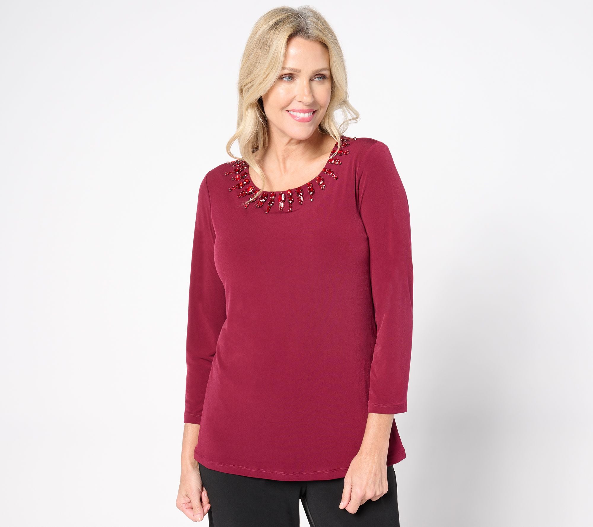 Artisan Embellished Neck Top with 3/4 Sleeves - Evening Wine