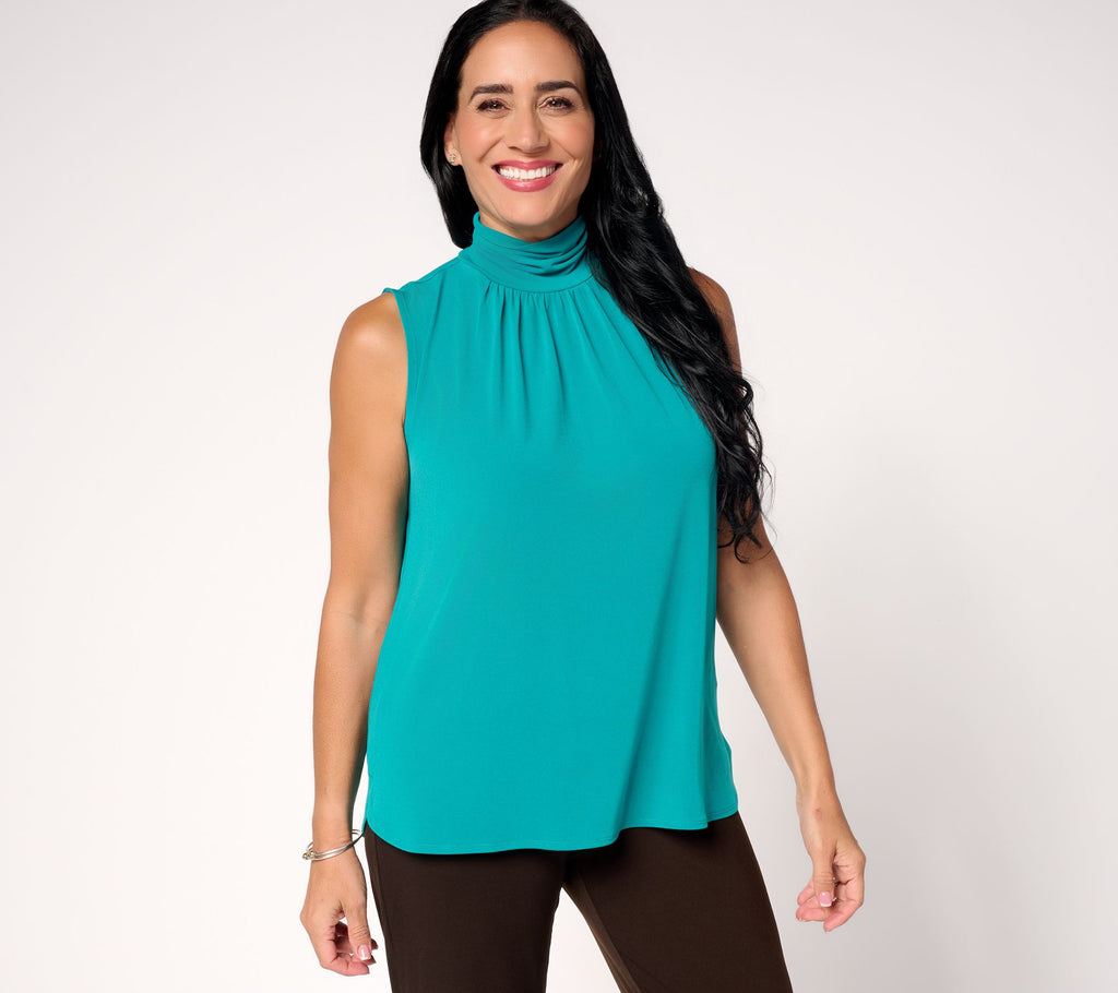 Liquid Knit Sleeveless Top w/ Ruched Mock-Neck - Jewel Teal