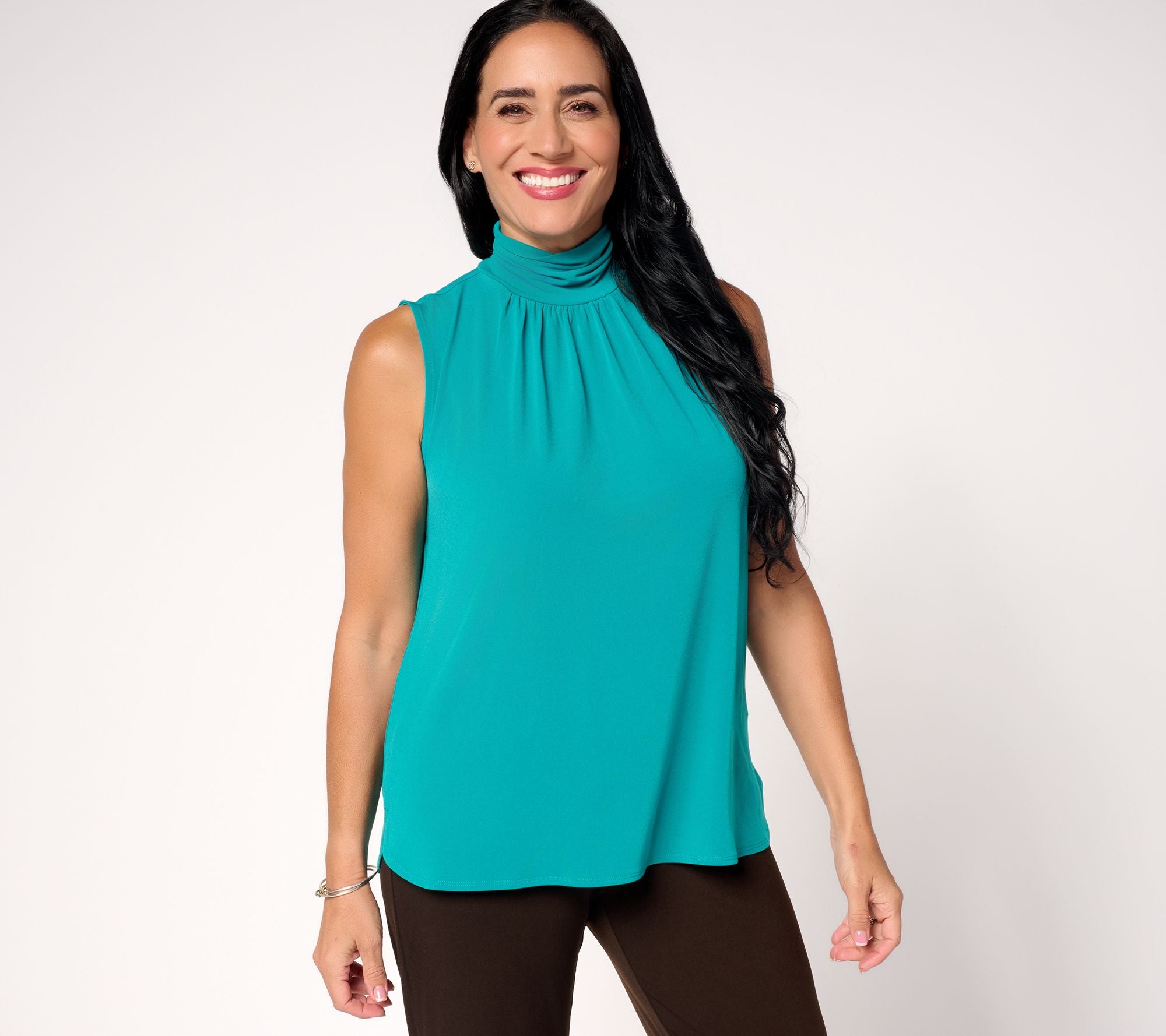 Liquid Knit Sleeveless Top w/ Ruched Mock-Neck - Jewel Teal