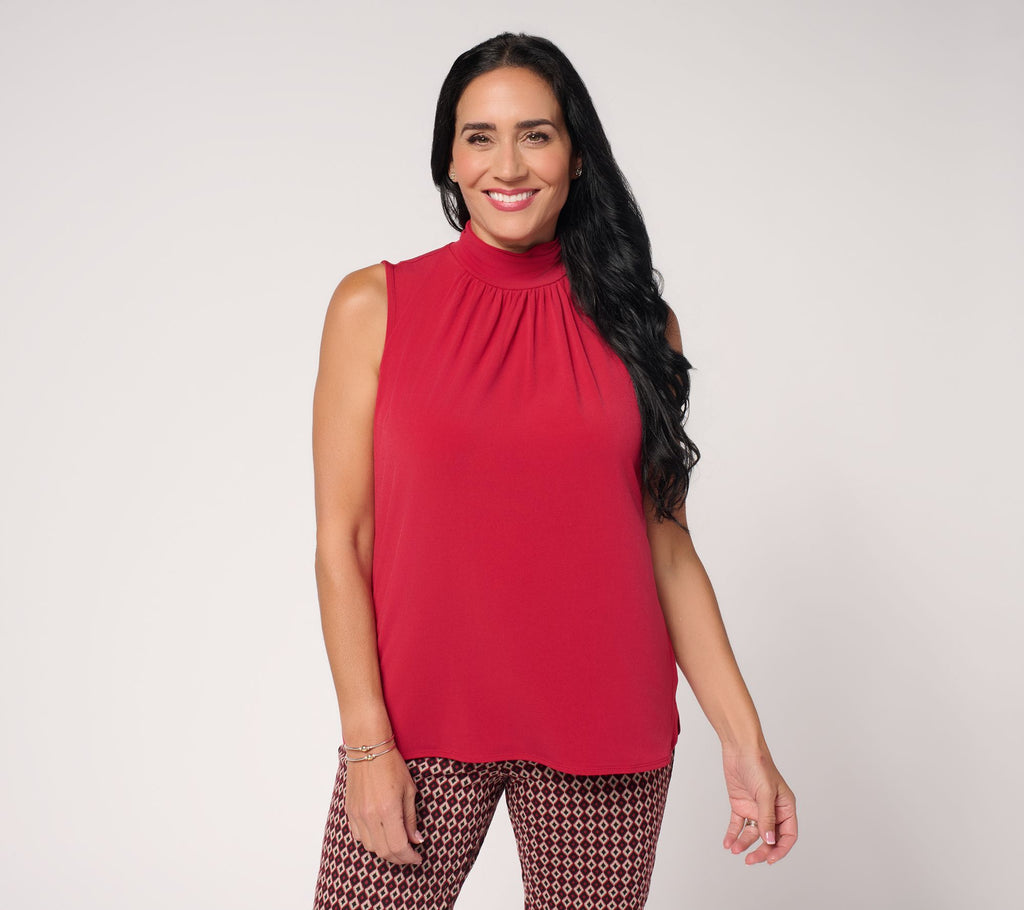 Liquid Knit Sleeveless Top w/ Ruched Mock-Neck - Red Drama