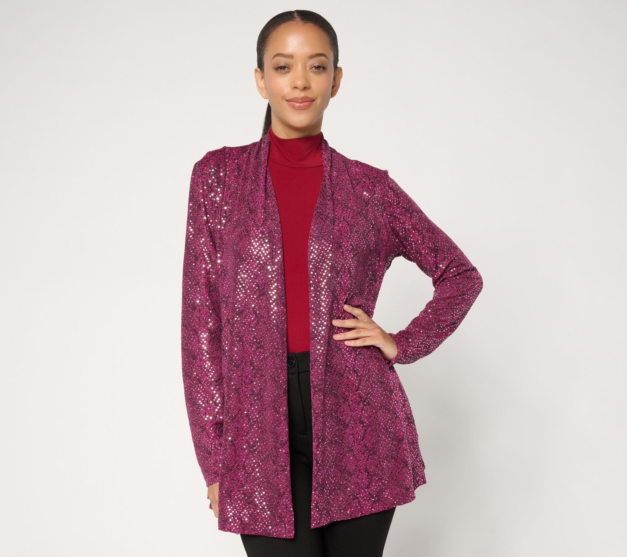 Occasions Metallic Knit Foil Print Open Front Cardigan - Enchanted Berry
