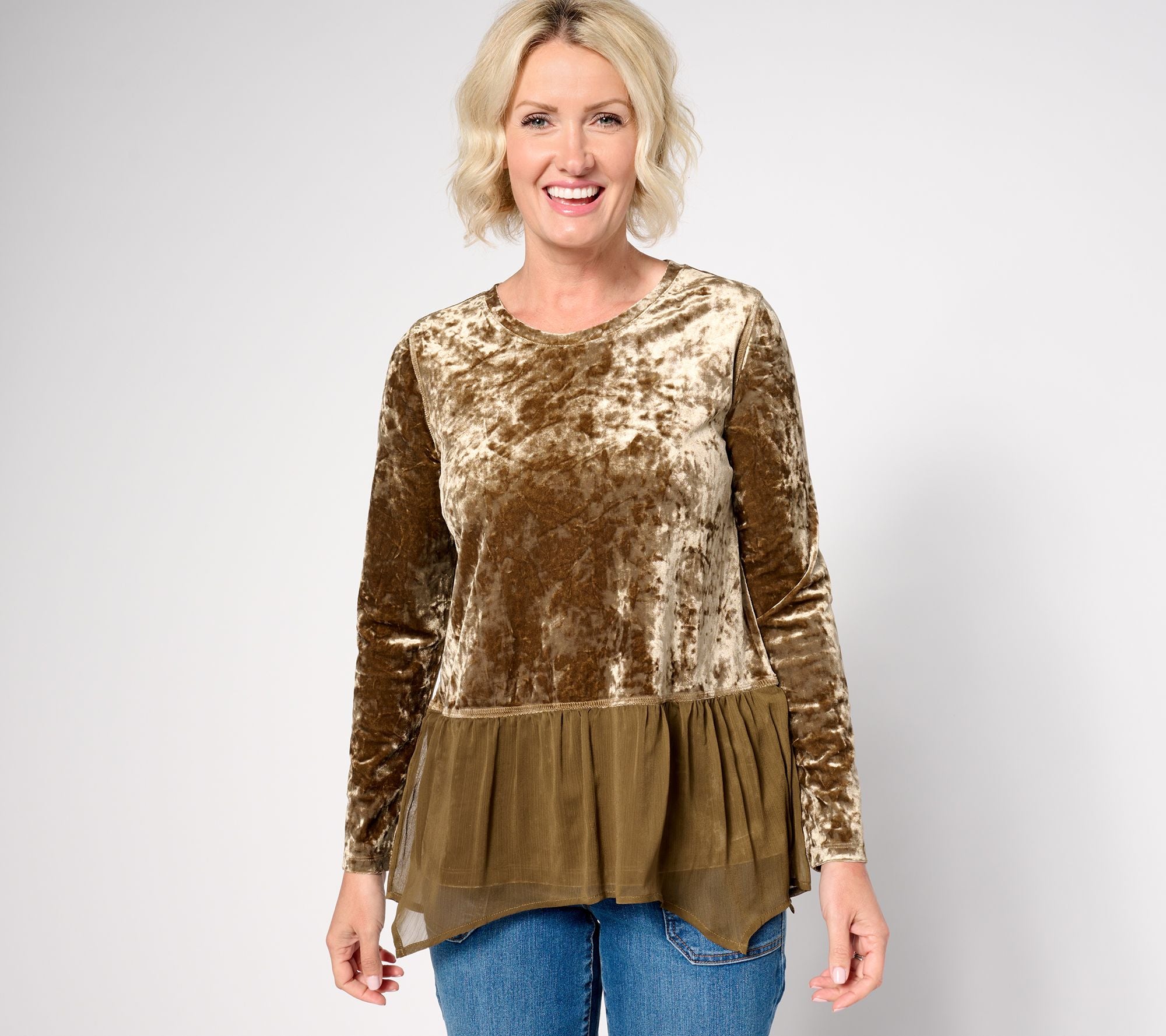 Crushed Velvet Top w/ Chiffon Hem - Desert Palm